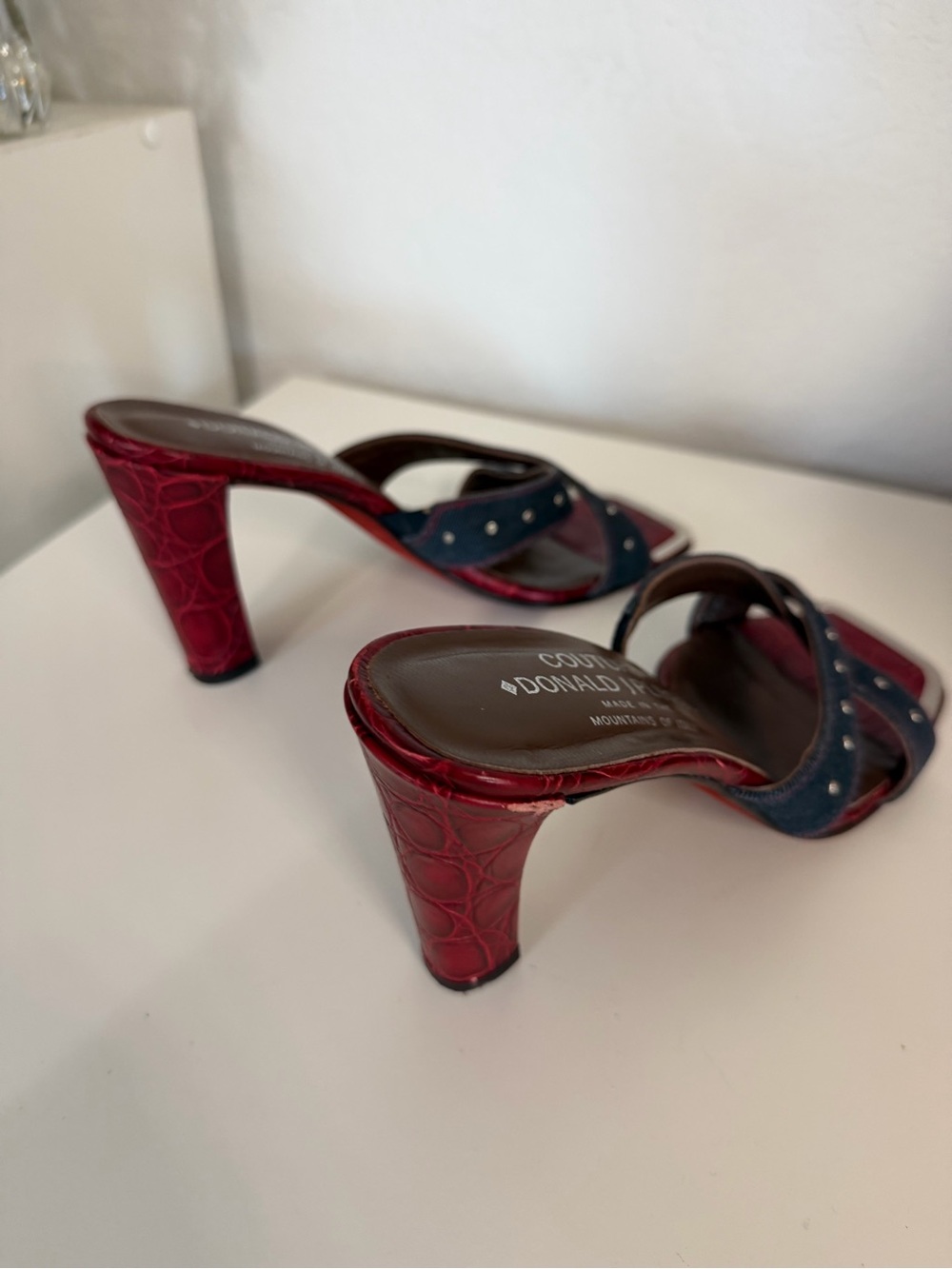 Donald J. Pliner | Red Croc-Embossed Denim Stud Mid-Heels - Picture 7 of 13